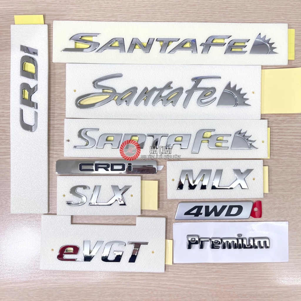 Logo chữ nổi SANTAFE HTRAC 2.2D EVGT MLX CRDi 4WD nhập khẩu MOBIS Hàn Quốc